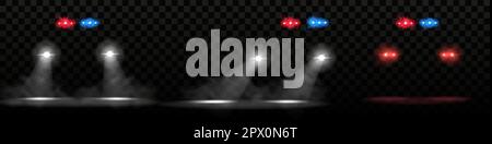 Emergency lights. Night police auto. Red and blue lamps. Sides of headlight. Glowing siren effect on road. Bright headlamp rays and beacon flash of co Stock Vector