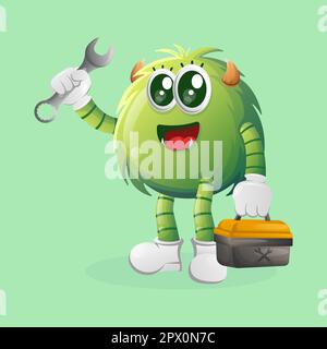 Cute green monster holding spanner and tolls box. Perfect for kids, small business or e-Commerce, merchandise and sticker, banner promotion, blog or v Stock Vector