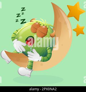 Cute green monster sleeping, sleeping on the moon. Perfect for kids, small business or e-Commerce, merchandise and sticker, banner promotion, blog or Stock Vector