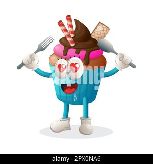 Cute cupcake mascot holding spoon and fork. Perfect for food store, small business or e-Commerce, merchandise and sticker, banner promotion, food revi Stock Vector