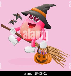 Cute pink monster witch with holding halloween pumpkin with candy on it. Perfect for kids, small business or e-Commerce, merchandise and sticker, bann Stock Vector