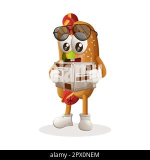 Cute hotdog mascot read newspapers. Perfect for food store, small business or e-Commerce, merchandise and sticker, banner promotion, food review blog Stock Vector
