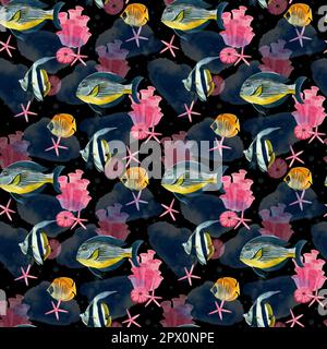 Seamless pattern. Tropical fishes of bright colors, pink stars, corals and blue spots, hand-drawn in watercolor on a dark background. Stock Photo