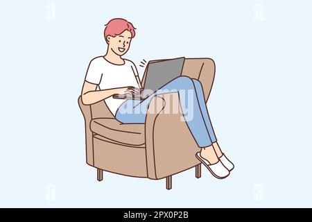 Smiling young man sit in chair working on laptop. Happy guy relax in armchair freelance on computer from home. Remote job or study. Vector illustratio Stock Photo
