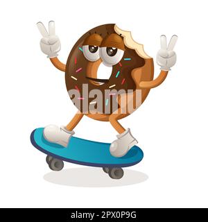 Cute donut mascot playing skateboard, skateboarding. Perfect for food store, small business or e-Commerce, merchandise and sticker, banner promotion, Stock Vector