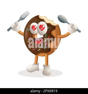 Cute donut mascot holding spoon and fork. Perfect for food store, small business or e-Commerce, merchandise and sticker, banner promotion, food review Stock Vector