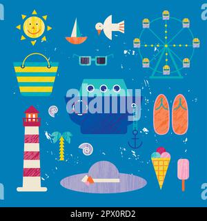 Vector summer colorful illustration, travelling, holidays. Set of sea objects, isolated on blue background. Ship, sun, hat etc Stock Vector