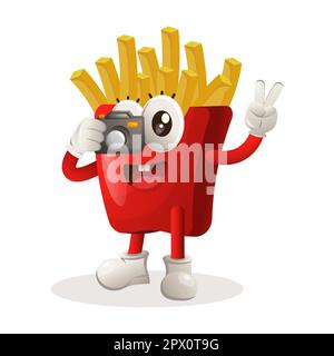 Cute french fries mascot taking photo with camera. Perfect for food store, small business or e-Commerce, merchandise and sticker, banner promotion, fo Stock Vector