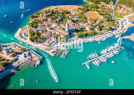 Town of Osor turquoise coast aerial view, bridge between Cres and Mali Losinj islands, Adriatic archpelago of Croatia Stock Photo