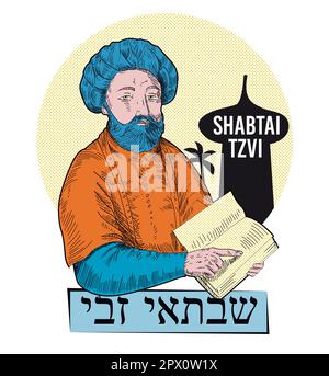 Illustration of a false messiah from the history of the Hebrew people. Jewish prophet of medieval times. Hebrew alphabet. Stock Vector