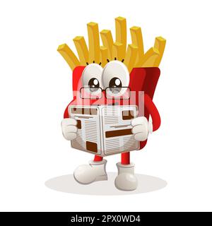 Cute french fries mascot read newspapers. Perfect for food store, small business or e-Commerce, merchandise and sticker, banner promotion, food review Stock Vector