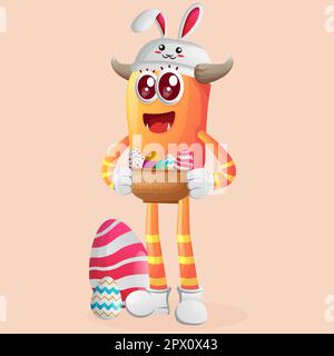 Cute orange monster wearing the bunny cap with holding easter egg in basket. Perfect for kids, small business or e-Commerce, merchandise and sticker, Stock Vector