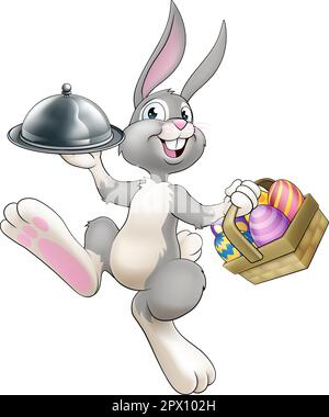 Easter Bunny Rabbit Cartoon Food Tray Cloche Chef Stock Vector