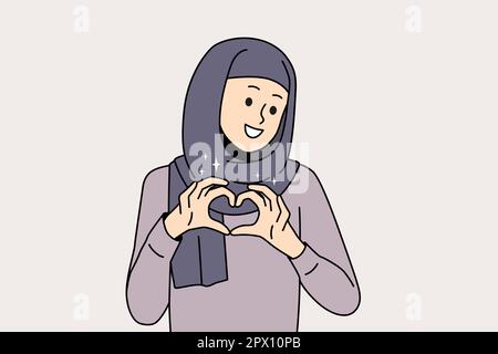 Smiling Arabic woman in hijab show heart hand gesture send love and care. Happy Arabian female feel grateful and thankful. Gratitude concept. Vector i Stock Photo