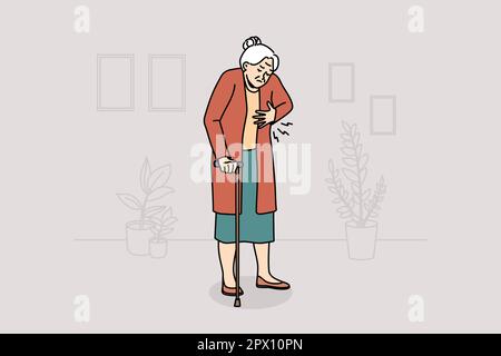 Unhealthy elderly woman touch heart suffer from pain. Unwell mature grandmother struggle with cardiac arrest or infarction. Healthcare concept. Vector Stock Photo