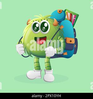 Cute green monster carrying a schoolbag, backpack, back to school. Perfect for kids, small business or e-Commerce, merchandise and sticker, banner pro Stock Vector