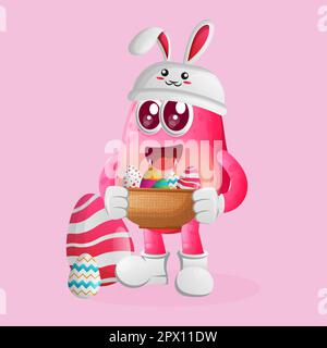 Cute pink monster wearing the bunny cap with holding easter egg in basket. Perfect for kids, small business or e-Commerce, merchandise and sticker, ba Stock Vector