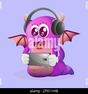 Cute purple monster playing game mobile, wearing headphones. Perfect for kids, small business or e-Commerce, merchandise and sticker, banner promotion Stock Vector