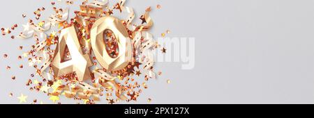 Banner with gold colored number 40, ribbons and stars confetti on a blue background. Festive concept. Stock Photo