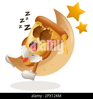 Cute pizza mascot sleeping, sleeping on the moon. Perfect for food store, small business or e-Commerce, merchandise and sticker, banner promotion, foo Stock Vector