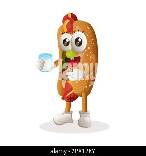 Cute hotdog mascot drink milk and eat cookie. Perfect for food store, small business or e-Commerce, merchandise and sticker, banner promotion, food re Stock Vector
