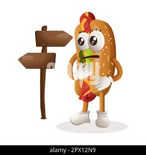 Cute hotdog mascot making decision. Perfect for food store, small business or e-Commerce, merchandise and sticker, banner promotion, food review blog Stock Vector