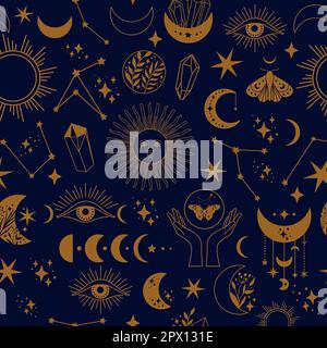 Seamless space pattern on a blue background. Boho illustration with moon, sun, dragonflies, stars, wallpapers for astrology, tarot, esotericism Stock Vector