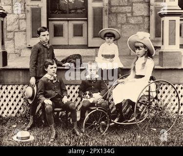 1890s 1900s TURN OF THE CENTURY GROUP OF FIVE CHILDREN SITTING ON & AROUND PORCH ONE GIRL ON OLD FASHIONED TRICYCLE - o2939 HAR001 HARS COMMUNITY SUBURBAN PORCH OLD TIME NOSTALGIA BROTHER OLD FASHION SISTER 1 SILLY JUVENILE MANY STYLE COMIC MYSTERY TURN FAMILIES LIFESTYLE FIVE FEMALES 5 BROTHERS PUPPIES HOME LIFE COPY SPACE PEOPLE CHILDREN FRIENDSHIP HALF-LENGTH PERSONS THOUGHTFUL MALES SIBLINGS SISTERS B&W EYE CONTACT NEIGHBORS HUMOROUS MAMMALS TRICYCLE TURN OF THE 20TH CENTURY CANINES TURN OF THE CENTURY COMICAL OF THE SIBLING POOCH RELATIVES 19TH CENTURY COUSINS COMEDY MEMBERS STYLISH Stock Photo