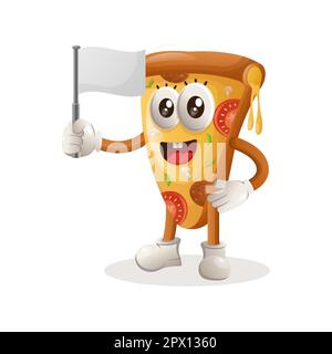 Cute pizza mascot waving white empty flag. Perfect for food store, small business or e-Commerce, merchandise and sticker, banner promotion, food revie Stock Vector
