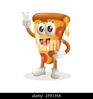 Cute pizza mascot with peace hand. Perfect for food store, small business or e-Commerce, merchandise and sticker, banner promotion, food review blog o Stock Vector