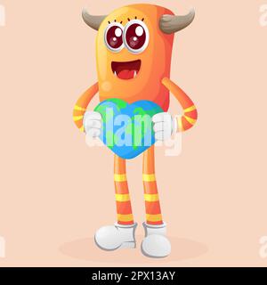 Cute orange monster holding earth with love shape. Perfect for kids, small business or e-Commerce, merchandise and sticker, banner promotion, blog or Stock Vector