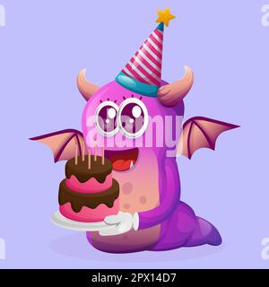 Cute purple monster wearing a birthday hat, holding birthday cake. Perfect for kids, small business or e-Commerce, merchandise and sticker, banner pro Stock Vector