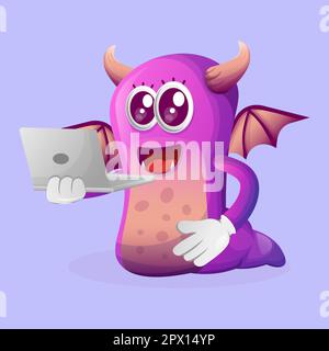 Cute purple monster working using a laptop. Perfect for kids, small business or e-Commerce, merchandise and sticker, banner promotion, blog or vlog ch Stock Vector