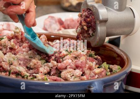 meat and grinder. Minced meat and meat grinder. Meat grinder machine  chopping uncooked ground meat Stock Photo - Alamy