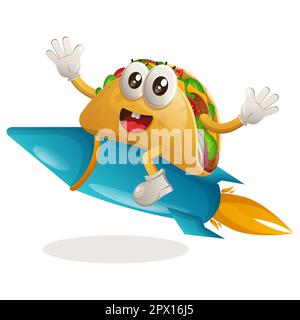 Cute taco flying on rocket. Perfect for food store, small business or e-Commerce, merchandise and sticker, banner promotion, food review blog or vlog Stock Vector