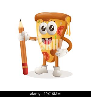 Cute pizza mascot holding pencil. Perfect for kids, small business or e-Commerce, merchandise and sticker, banner promotion, blog or vlog channel Stock Vector