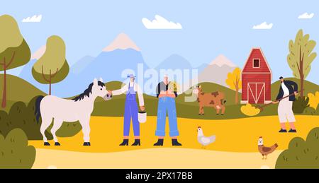 Farmer characters at farm agriculture. Woman holding bucket and feeding horse. Man working with rakes. Cartoon characters doing farming activities in Stock Vector