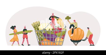People carrying raw ingredients, vegetables. Tiny characters putting products into basket. Man bringing pumpkin and broccoli. Vegetarian natural food Stock Vector