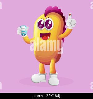 Cute yellow monster holding a blood glucose meter. Perfect for kids, small business or e-Commerce, merchandise and sticker, banner promotion, blog or Stock Vector