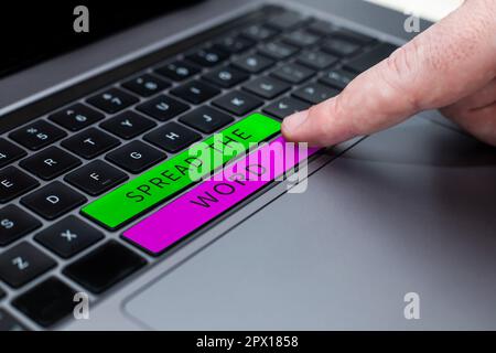 Sign displaying Spread The Word, Word for share the information or news using social media Stock Photo