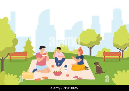 Picnic in park. Friends eating salad and drinking tea from thermos. Male and female characters spending leisure time together. Young people chilling o Stock Vector