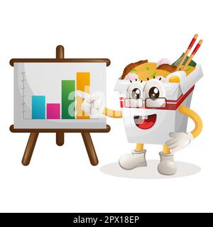 Cute ramen mascot gives report presentation, shows column graphics. Perfect for food store, small business or e-Commerce, merchandise and sticker, ban Stock Vector