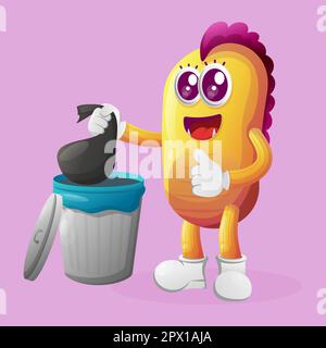 Cute yellow monster placing reusable waste into garbage can. Perfect for kids, small business or e-Commerce, merchandise and sticker, banner promotion Stock Vector