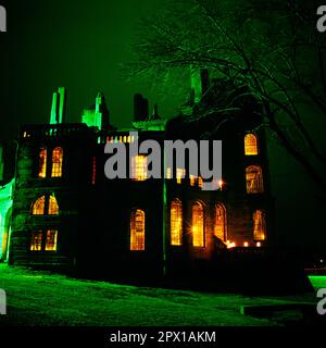 1980s MERCER MUSEUM FORMER HOME OF HENRY CHAPMAN MERCER AT NIGHT GREEN LIGHT FILTER LOOKING SPOOKY DOYLESTOWN PENNSYLVANIA USA - kb26602 BAR007 HARS MANSION STRUCTURES UNUSUAL EDIFICE BUCKS COUNTY DOYLESTOWN HENRY CHAPMAN MERCER OCTOBER TRADES ARCHEOLOGIST FILTER OCTOBER 31 UNIQUE CONCRETE OLD FASHIONED Stock Photo