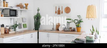 Light kitchen interior with modern furniture and pegboards Stock Photo