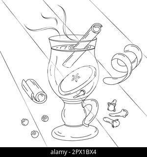 Freehand outline drawing of glass cup with mulled wine, cinnamon stick, cloves and apple slice. Isolate. design for poster, banner, brochure or lettering, card, web or label. Advertising. Vector. EPS Stock Vector