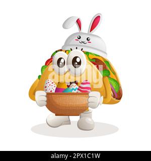 Cute taco wearing the bunny cap with holding easter egg in basket. Perfect for food store, small business or e-Commerce, merchandise and sticker, bann Stock Vector