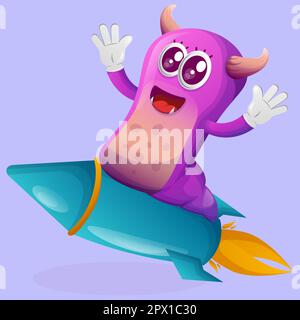 Cute purple monster flying on rocket. Perfect for kids, small business or e-Commerce, merchandise and sticker, banner promotion, blog or vlog channel Stock Vector
