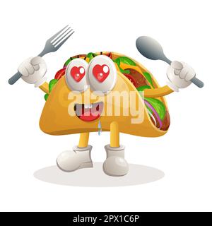 Cute taco mascot holding spoon and fork. Perfect for food store, small business or e-Commerce, merchandise and sticker, banner promotion, food review Stock Vector