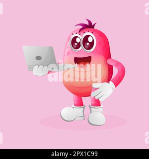 Cute pink monster working using a laptop. Perfect for kids, small business or e-Commerce, merchandise and sticker, banner promotion, blog or vlog chan Stock Vector